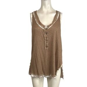 WE THE FREE Striped Henley Tank Brown Tan LinenBlend Distressed Raw Hem Womens M